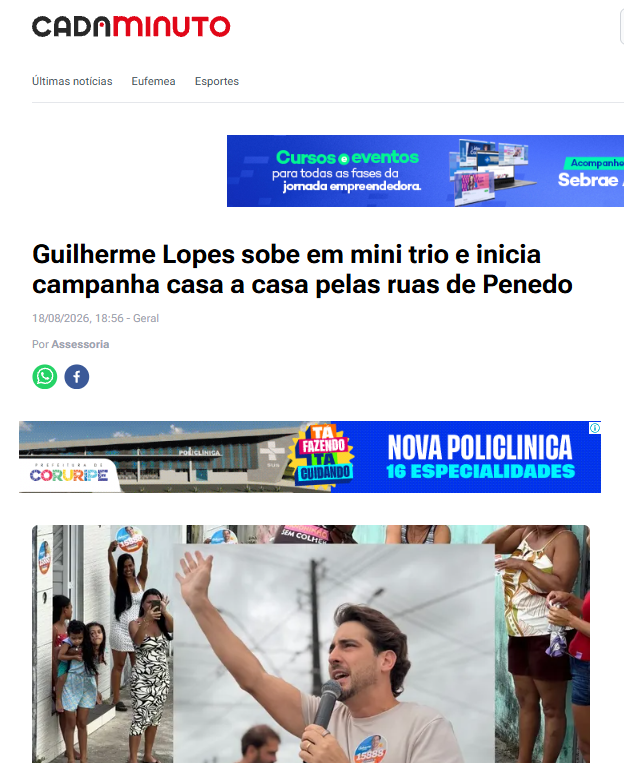 Guilherme Lopes sobe em mini trio e inicia campanha casa a casa pelas ruas de Penedo