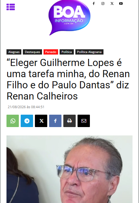 “Eleger Guilherme Lopes é uma tarefa minha, do Renan Filho e do Paulo Dantas” diz Renan Calheiros