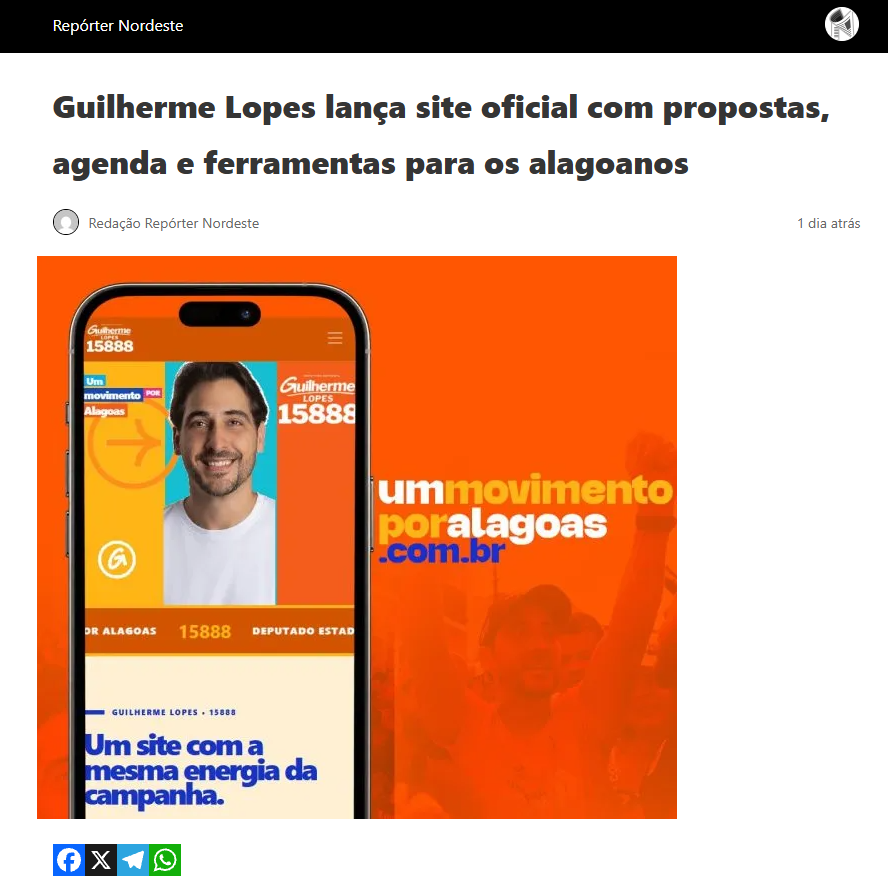 Guilherme Lopes lança site oficial com propostas, agenda e ferramentas para os alagoanos
